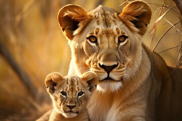 Lioness with cub. Generative AI - obrazy, fototapety, plakaty