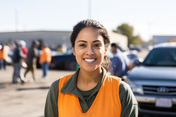 Portrait of a young caucasian woman volunteer in a parking lot of a community center