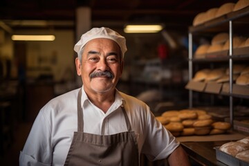 Portrait of a middle aged mexican or hispanic baker working in a bakery - obrazy, fototapety, plakaty