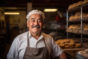 Fotobehang Portrait of a middle aged mexican or hispanic baker working in a bakery © Geber86