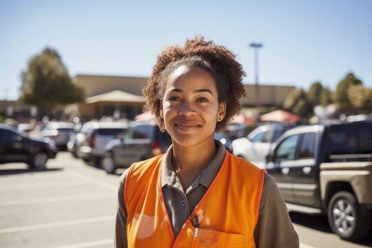 Portrait Of A Young African American Woman Volunteer In A Parking Lot Of A Community Center