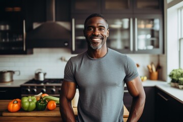 Smiling portrait of a healthy and fit middle aged african american man at home in the kitchen - obrazy, fototapety, plakaty