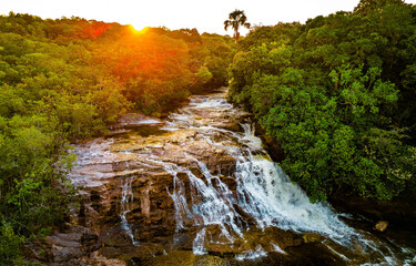 Scenic aerial view of Iracema Presidente Figueiredo waterfall at sunset in Brazil