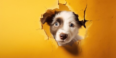 Cute Puppy peeking out of a hole in wall, torn hole, empty copy space frame, mockup. Generative AI image weber.