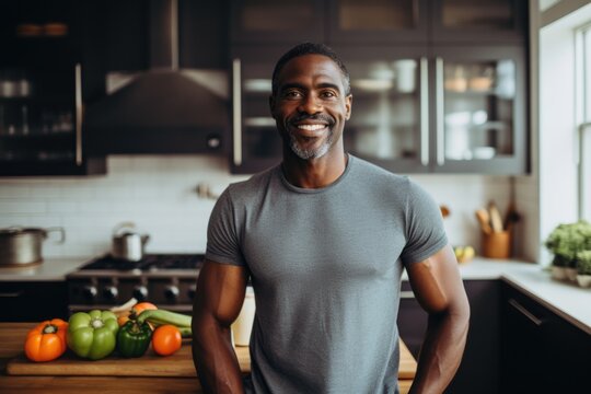 Smiling Portrait Of A Healthy And Fit Middle Aged African American Man At Home In The Kitchen