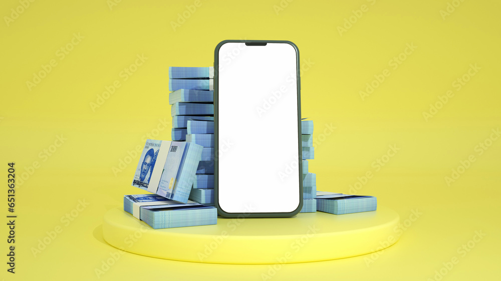 Poster 3d rendering of mobile phone with blank screen in front of stacks of 1000 nigerian naira notes isola