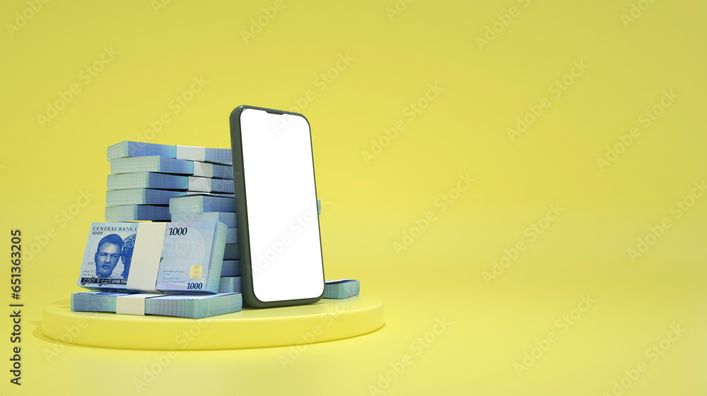 Poster 3d rendering of mobile phone with blank screen in front of stacks of 1000 nigerian naira notes isola