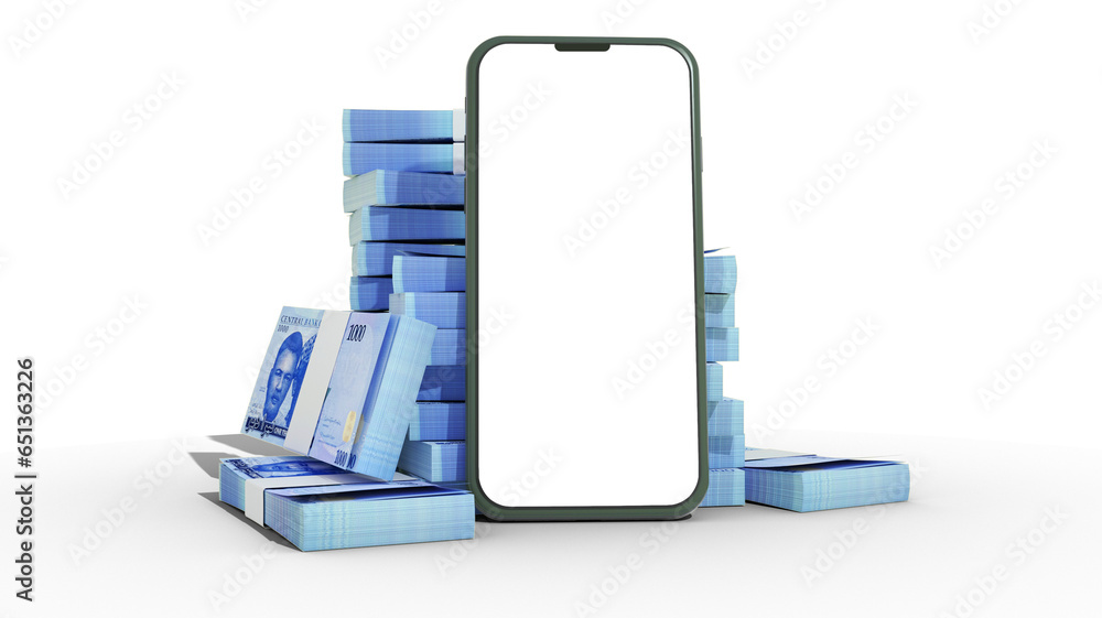 Poster 3d rendering of a mobile phone with blank screen in front of stacks of 1000 nigerian naira notes iso