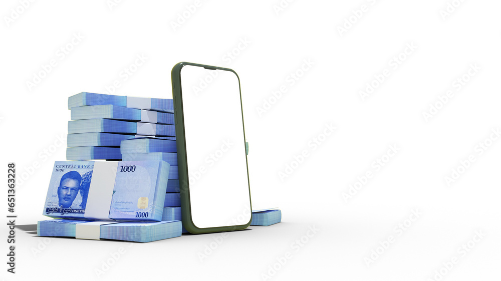 Poster 3d rendering of a mobile phone with blank screen and stacks of nigerian naira notes behind isolated 