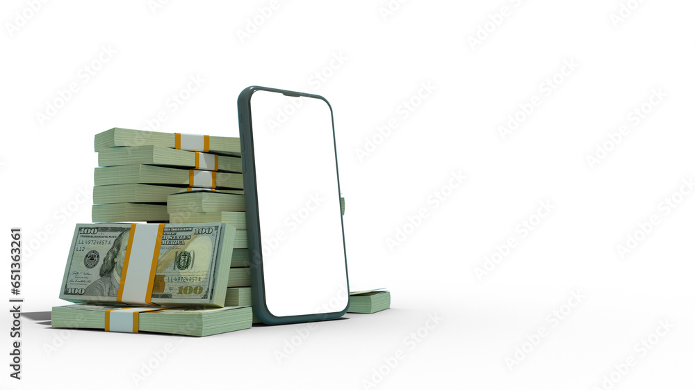 Poster 3d rendering of a mobile phone with blank screen in front of stacks of 100 us dollar notes isolated 
