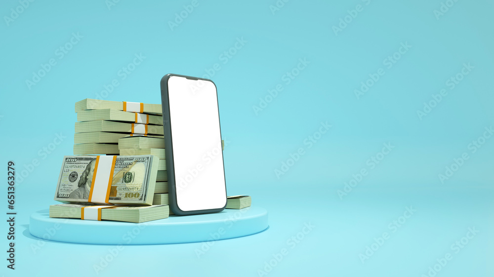 Poster 3d rendering of a mobile phone with blank screen in front of stacks of 100 us dollar notes isolated 