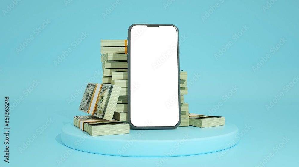 Poster 3d rendering of a mobile phone with blank screen in front of stacks of 100 us dollar notes isolated 