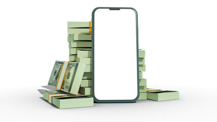 3D rendering of a mobile phone with blank screen in front of stacks of 100 US dollar notes isolated on white background.
