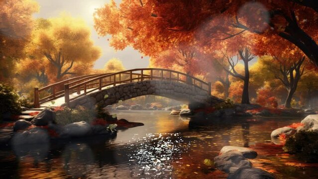 autumn in the park animated background in Japanese anime watercolor painting illustration style. seamless looping video animated background