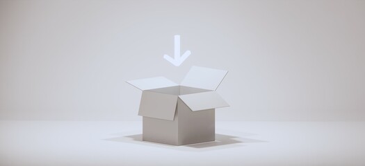 An open box with a glowing arrow.3D, a visualization product.  