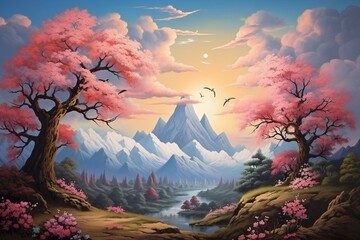 surreal landscape with trees, flowers, mountains, background, clouds, birds. Generative AI