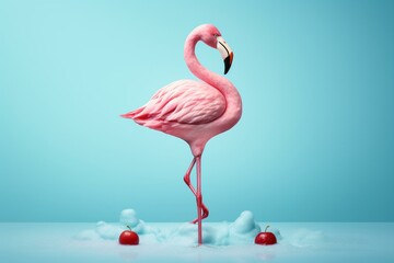 Melting ice cream with floating flamingo on a pastel blue background, showcasing a creative minimal summer concept. Generative AI