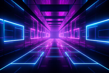 Futuristic corridor with colorful glowing neon lights