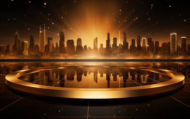 Golden podium and city in the background. Futuristic luxury illustration - obrazy, fototapety, plakaty