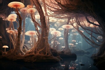 Underground fungal network connecting trees with 3D render illustration. Generative AI