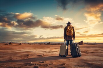 Creative photo of a traveler with a suitcase on his way to unknown places  - obrazy, fototapety, plakaty