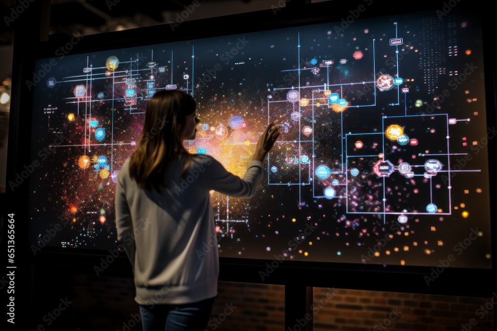 Poster a data scientist examining a massive dataset on a transparent touch screen interface, with colorful 
