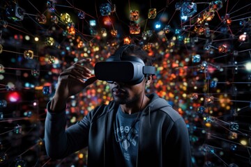 Obraz premium A data scientist in a virtual reality environment, exploring a 3D representation of a complex data structure, using a VR headset