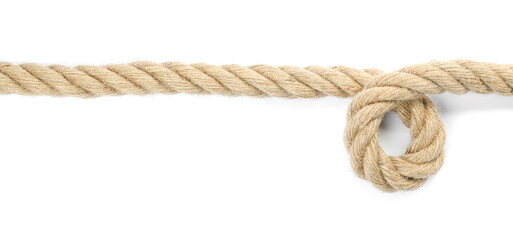 Hemp rope with loop isolated on white, top view