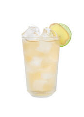 Glass of tasty ale with ice cubes, lime and ginger slices isolated on white