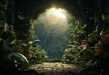 Ai Generative Beautiful jungle background with border made of tropical leaves backdrop with copy space