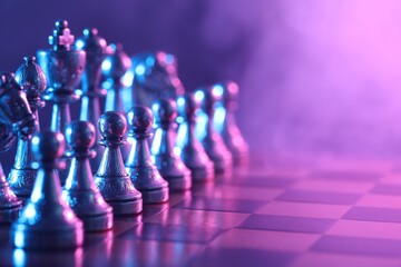 Chess pieces on checkerboard in color light, selective focus. Space for text