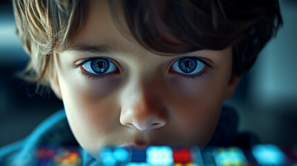 a boy engrossed in a digital puzzle-solving game that teaches complex mathematical concepts, his strategic thinking and problem-solving skills honed through immersive gameplay