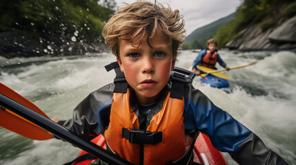 a young boy confidently taming the rapids as he navigates a turbulent river on his whitewater kayak. The spray of water adds to the drama of his daring adventure.  - obrazy, fototapety, plakaty