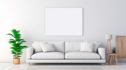 Minimalist home interior design of modern living room. Sofa and blank canvas on white wall
