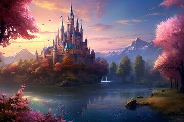 Enchanting scenery featuring castle, lake, and forest in a dreamy landscape. Generative AI