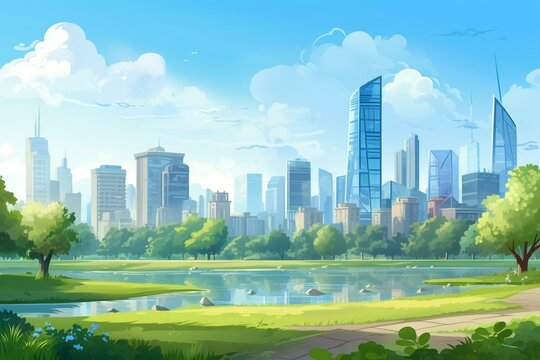 Tranquil downtown skyline panorama with landmark tower, serene cityscape near park. Generative AI
