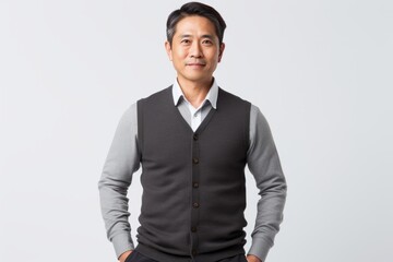 Lifestyle portrait photography of a serious Vietnamese man in his 40s against a white background