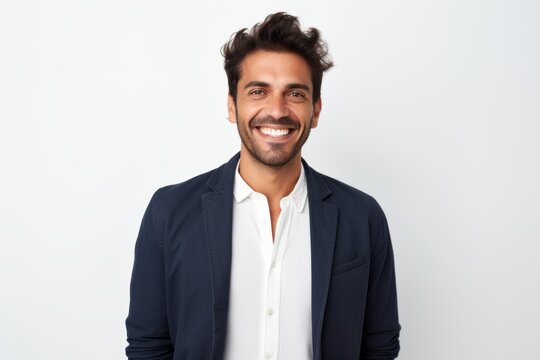 Medium shot portrait photography of a Peruvian man in his 30s against a white background