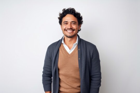 Medium shot portrait photography of a Peruvian man in his 30s against a white background