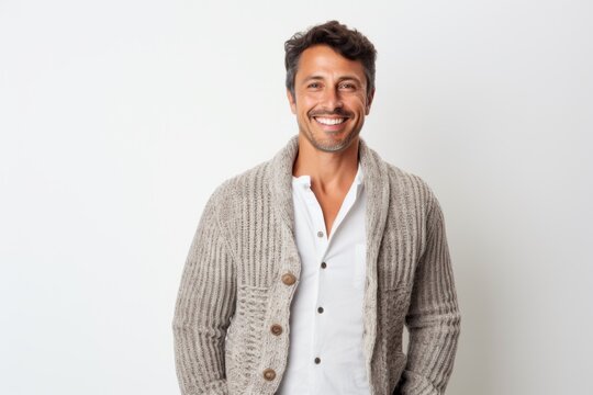 Lifestyle portrait photography of a Peruvian man in his 30s against a white background