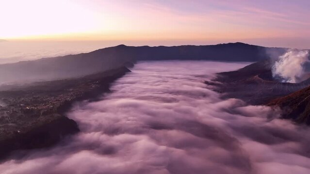 Aerial view of Amazing Mount Bromo volcano during sunrise from king kong viewpoint on Mountain Penanjakan in Bromo Tengger Semeru National Park,East Java,Indonesia.Nature landscape background