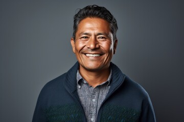 Portrait photography of a happy Peruvian man in his 40s against a gray background