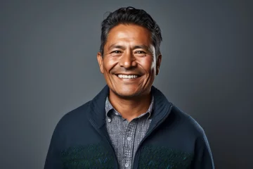 Fotobehang Portrait photography of a happy Peruvian man in his 40s against a gray background © Robert MEYNER