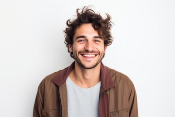 Medium shot portrait photography of a happy French man in his 20s against a white background