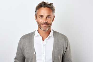 Medium shot portrait photography of a French man in his 40s against a white background