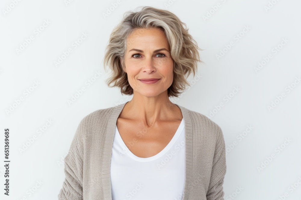 Poster Group portrait photography of a French woman in her 50s against a white background