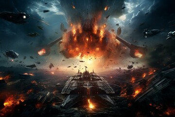 Epic battle in a vast universe with a spaceship amidst a catastrophic explosion during a global conflict. Generative AI