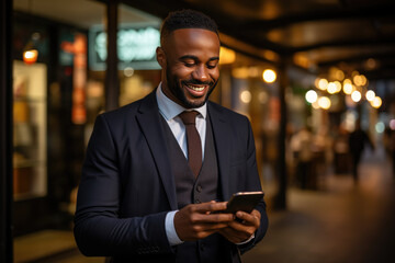 Happy busy young African American business man using mobile cell phone outdoors.tanding outside an office center wearing headphones and holding a phone - obrazy, fototapety, plakaty