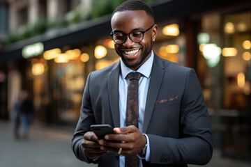 Happy busy young African American business man using mobile cell phone outdoors.tanding outside an office center wearing headphones and holding a phone - Powered by Adobe