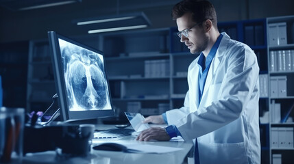 Male doctor looking at chest x-rays,male doctor radiologist working in the clinic. - obrazy, fototapety, plakaty